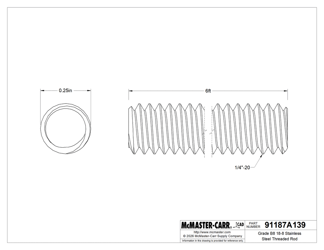 Technical Drawing of Grade B8 18-8 Stainless Steel Threaded Rod, 1/4"-20 Thread Size, 6 Feet Long.